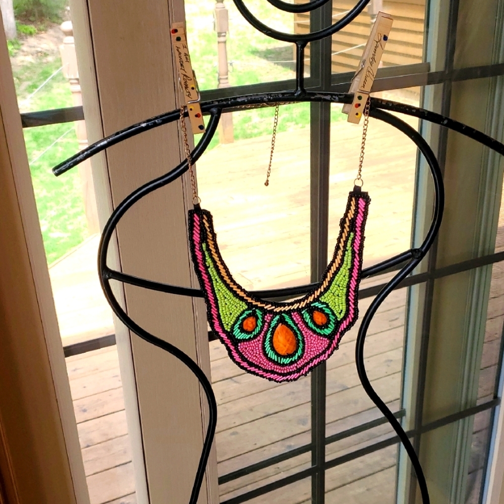 Handmade Beaded Bib Statement Necklace Neon Pink Green Orange‎ Pear Stones 16in